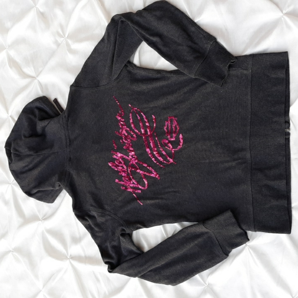 Harley Davidson Size XS Breast Cancer Awareness Grey Pink Sequin Hoodie